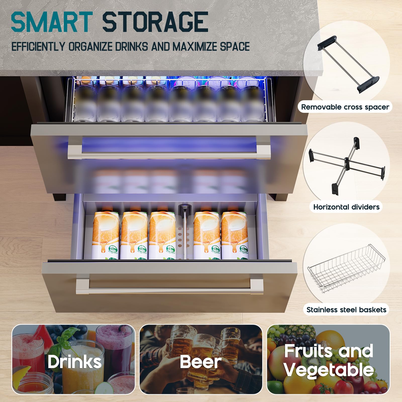 Albott 24 Inch Under Counter Drawer Fridge – Stainless Steel Beverage Refrigerator with Dual Drawers, LED Touch Control, Adjustable Storage, Frost-Free, Low Noise, 34-72℉, for Indoor or Outdoor Use - CookCave