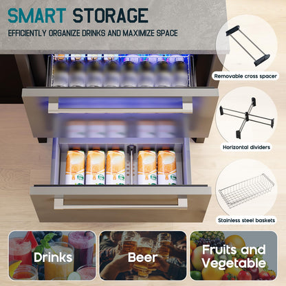 Albott 24 Inch Under Counter Drawer Fridge – Stainless Steel Beverage Refrigerator with Dual Drawers, LED Touch Control, Adjustable Storage, Frost-Free, Low Noise, 34-72℉, for Indoor or Outdoor Use - CookCave