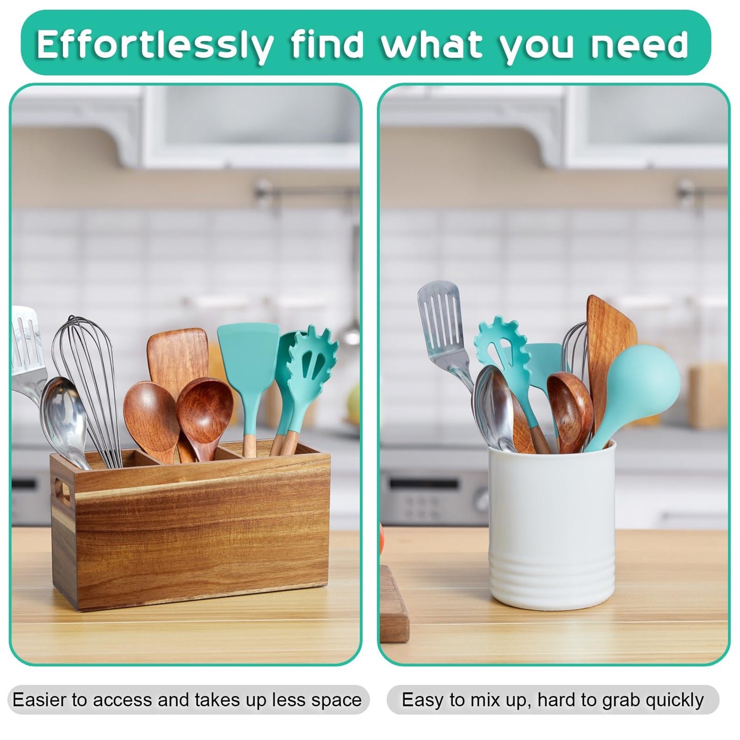 ALELION Acacia Wood Utensil Holder for Kitchen Counter - 3 Compartment Large Kitchen Utensil Caddy Organizer for Countertop - Kitchen Tool Holder for Spatula - Farmhouse Kitchen Decor Accessories - CookCave