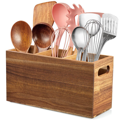 ALELION Acacia Wood Utensil Holder for Kitchen Counter - 3 Compartment Large Kitchen Utensil Caddy Organizer for Countertop - Kitchen Tool Holder for Spatula - Farmhouse Kitchen Decor Accessories - CookCave