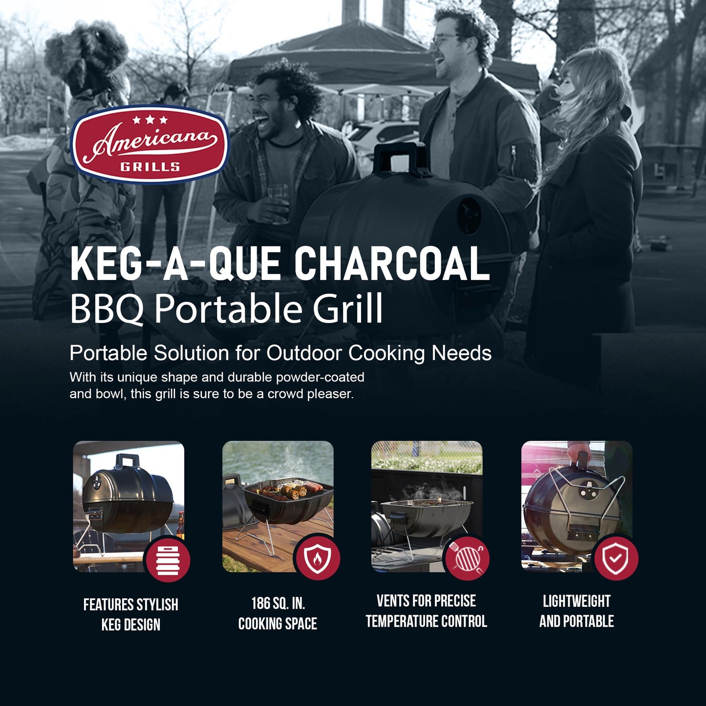 Americana Grills Keg A Que Charcoal BBQ Grill, Portable Outdoor Barbecue with Durable Powder Coated Hood and Bowl, 186 Square Inch Cooking Area, Black - CookCave