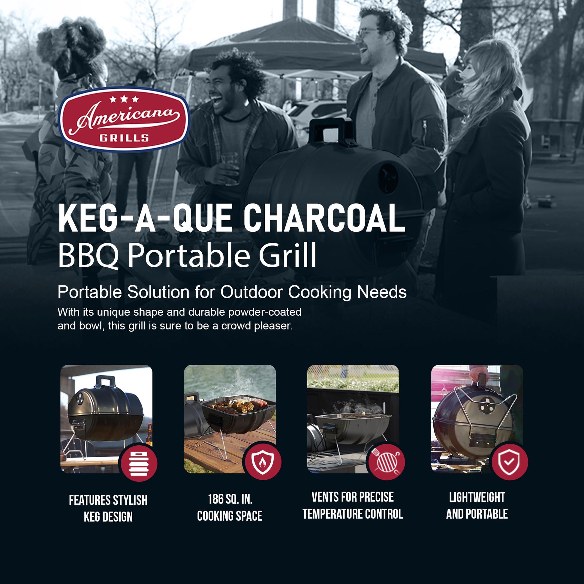 Americana Grills Keg A Que Charcoal BBQ Grill, Portable Outdoor Barbecue with Durable Powder Coated Hood and Bowl, 186 Square Inch Cooking Area, Black - CookCave