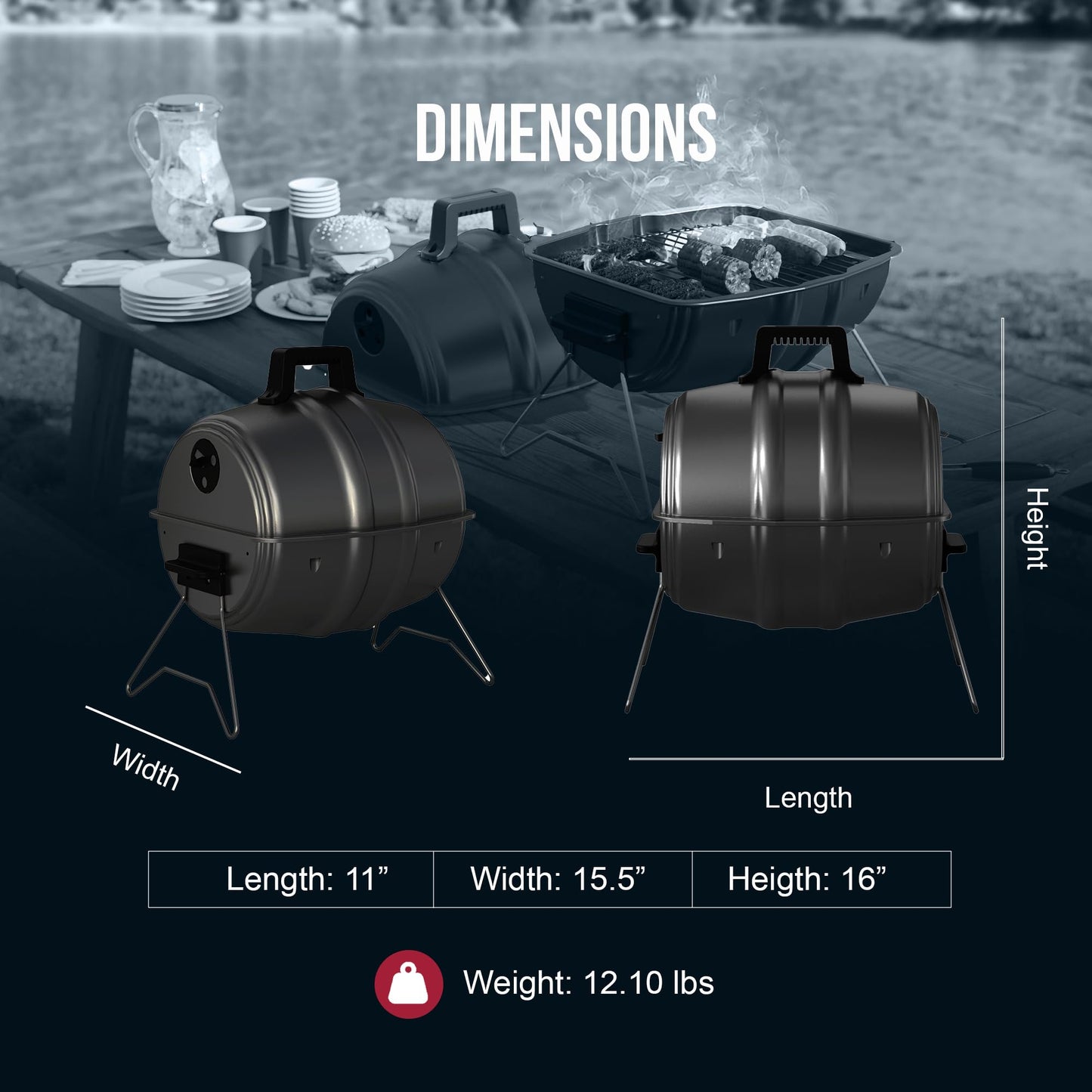 Americana Grills Keg A Que Charcoal BBQ Grill, Portable Outdoor Barbecue with Durable Powder Coated Hood and Bowl, 186 Square Inch Cooking Area, Black - CookCave