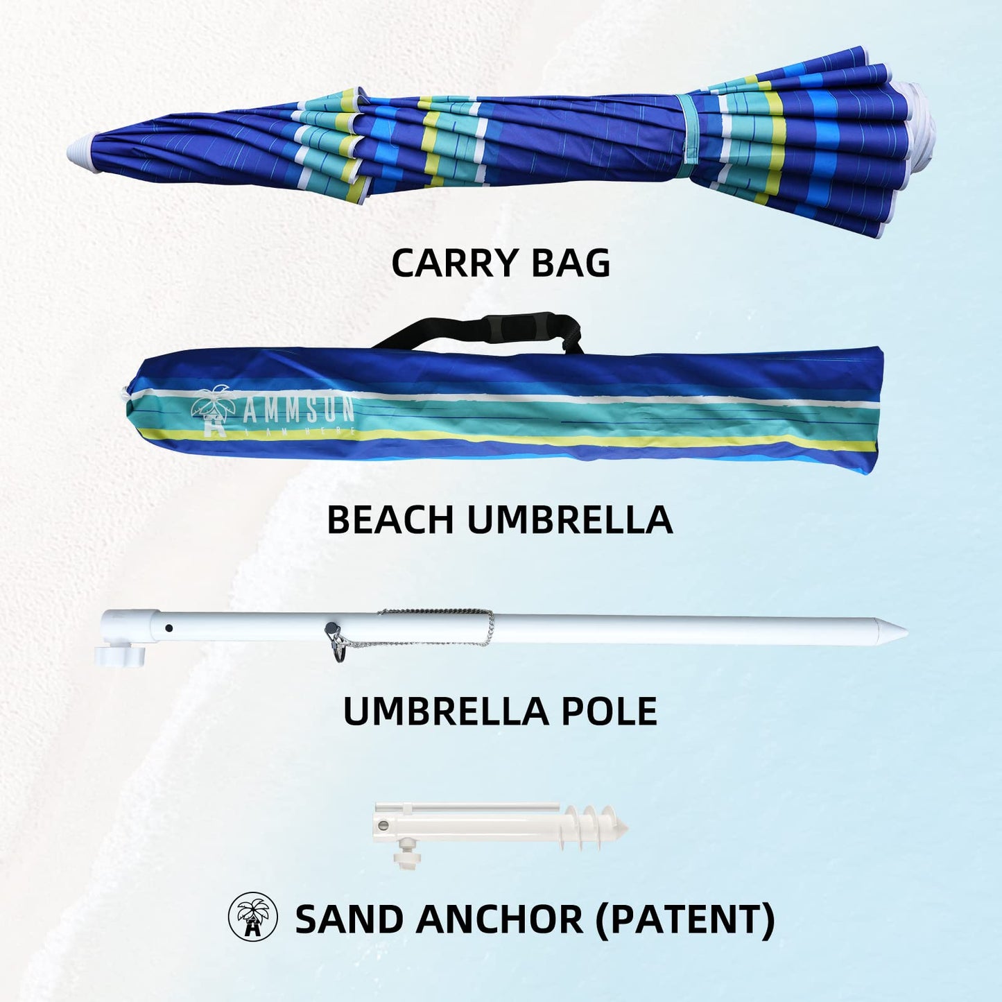 AMMSUN 8 Feet Large Beach Umbrella with Sand Anchor Heavy Duty High Wind Portable Outdoor Umbrellas UPF 50+ Protection Air Vent Tilt Patio Garden Pool Blue Stripe - CookCave