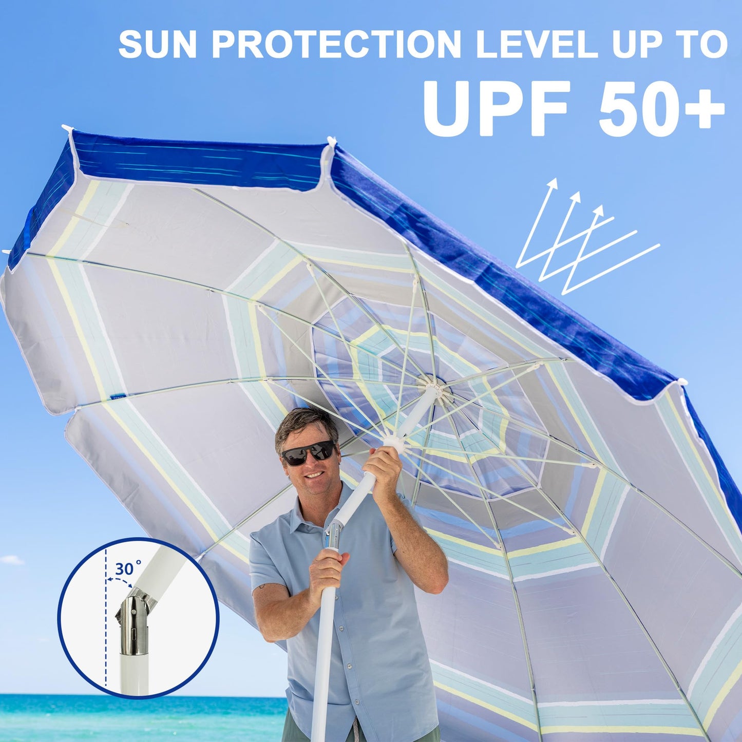 AMMSUN 8 Feet Large Beach Umbrella with Sand Anchor Heavy Duty High Wind Portable Outdoor Umbrellas UPF 50+ Protection Air Vent Tilt Patio Garden Pool Blue Stripe - CookCave