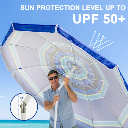 AMMSUN 8 Feet Large Beach Umbrella with Sand Anchor Heavy Duty High Wind Portable Outdoor Umbrellas UPF 50+ Protection Air Vent Tilt Patio Garden Pool Blue Stripe - CookCave