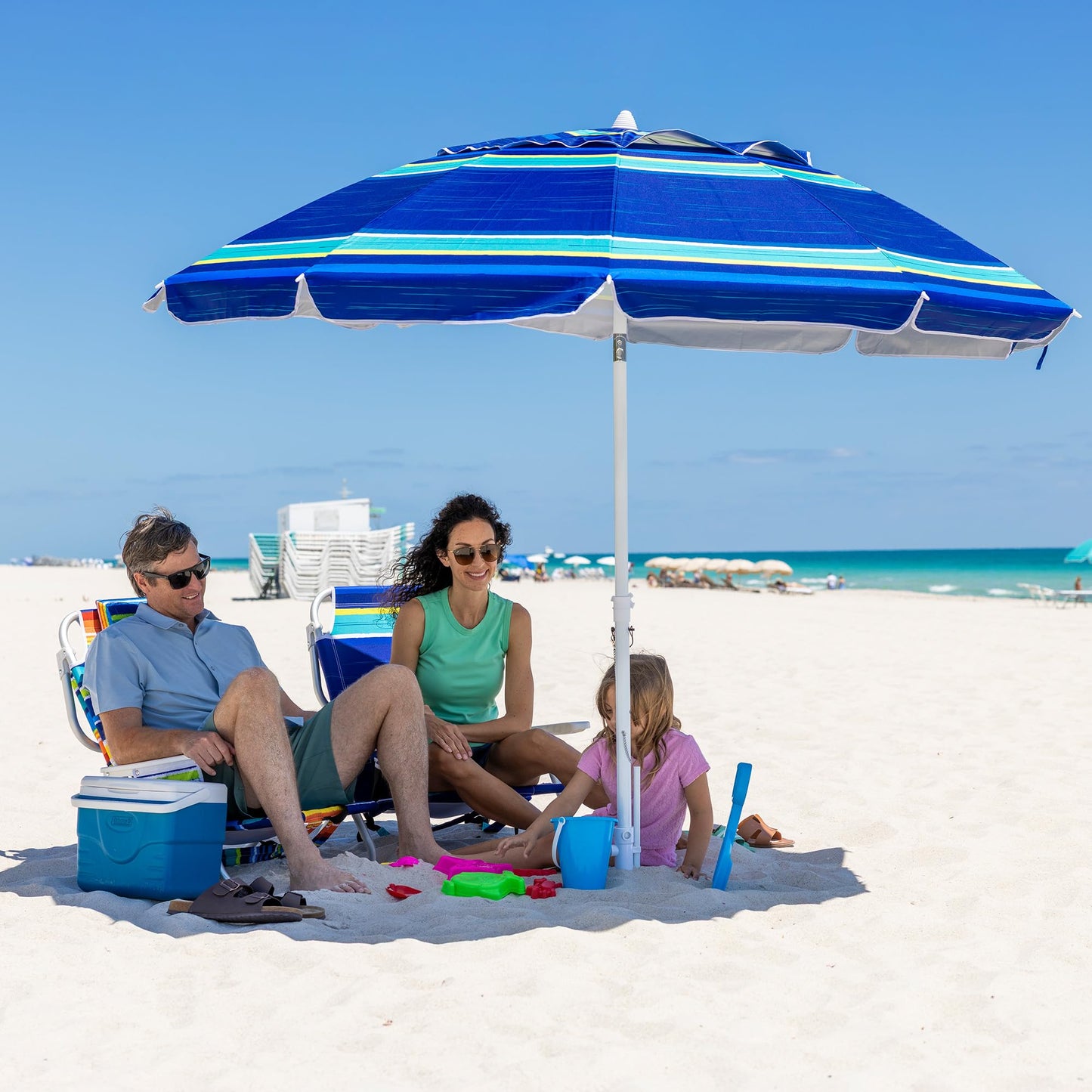 AMMSUN 8 Feet Large Beach Umbrella with Sand Anchor Heavy Duty High Wind Portable Outdoor Umbrellas UPF 50+ Protection Air Vent Tilt Patio Garden Pool Blue Stripe - CookCave