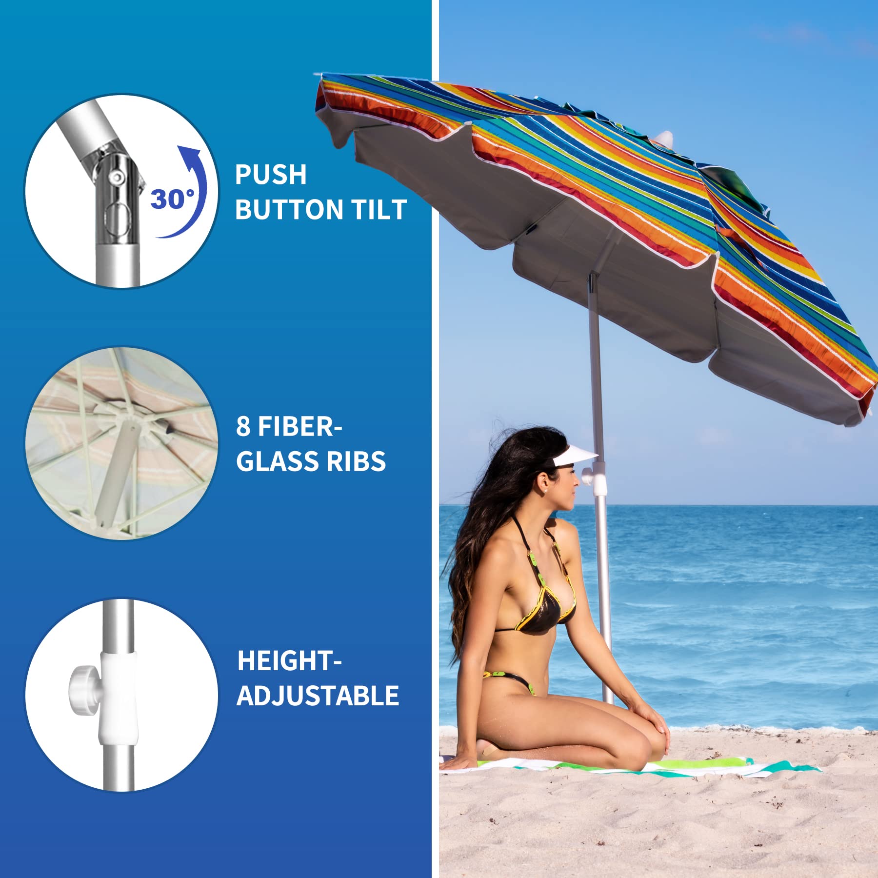 AMMSUN Beach Umbrellas for Sand Heavy Duty Wind Portable, 6.5ft Outdoor Umbrella with Sand Anchor and UV Protection, Parasols Includes Carry Bag for Beach, Patio, and Garden, Yellow Stripes - CookCave