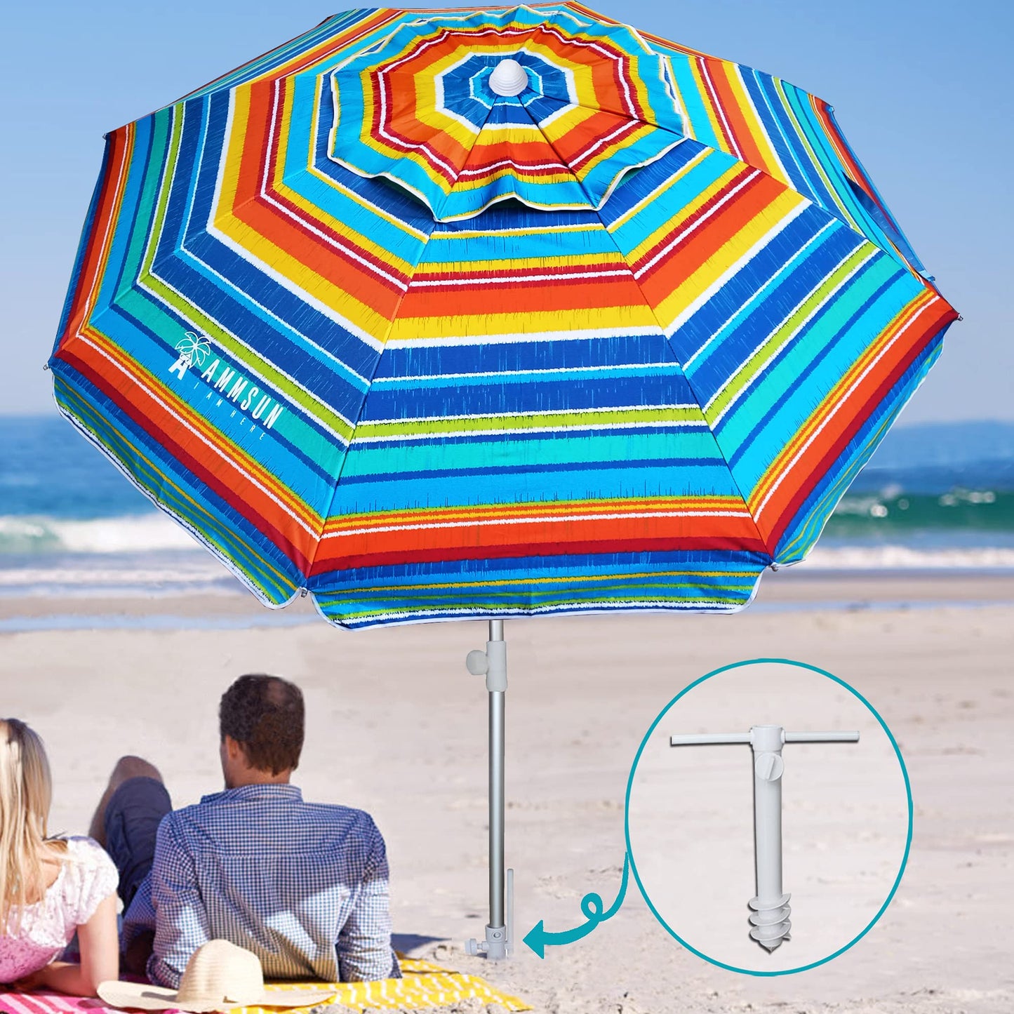 AMMSUN Beach Umbrellas for Sand Heavy Duty Wind Portable, 6.5ft Outdoor Umbrella with Sand Anchor and UV Protection, Parasols Includes Carry Bag for Beach, Patio, and Garden, Yellow Stripes - CookCave