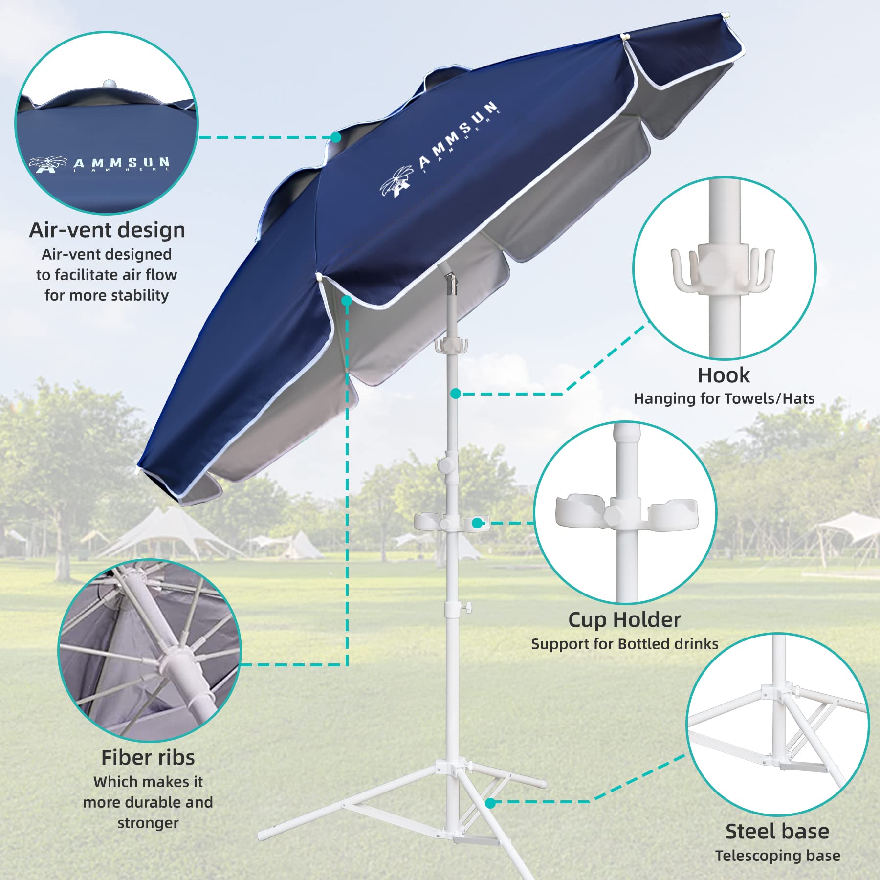 AMMSUN Shade Umbrella, Premium Portable Umbrella with Stand, 6.5ft Lightweight Free Standing Canopy for Sporting Games, Adjustable Instant Sun Protection and Easy to Carry, Navy Blue - CookCave