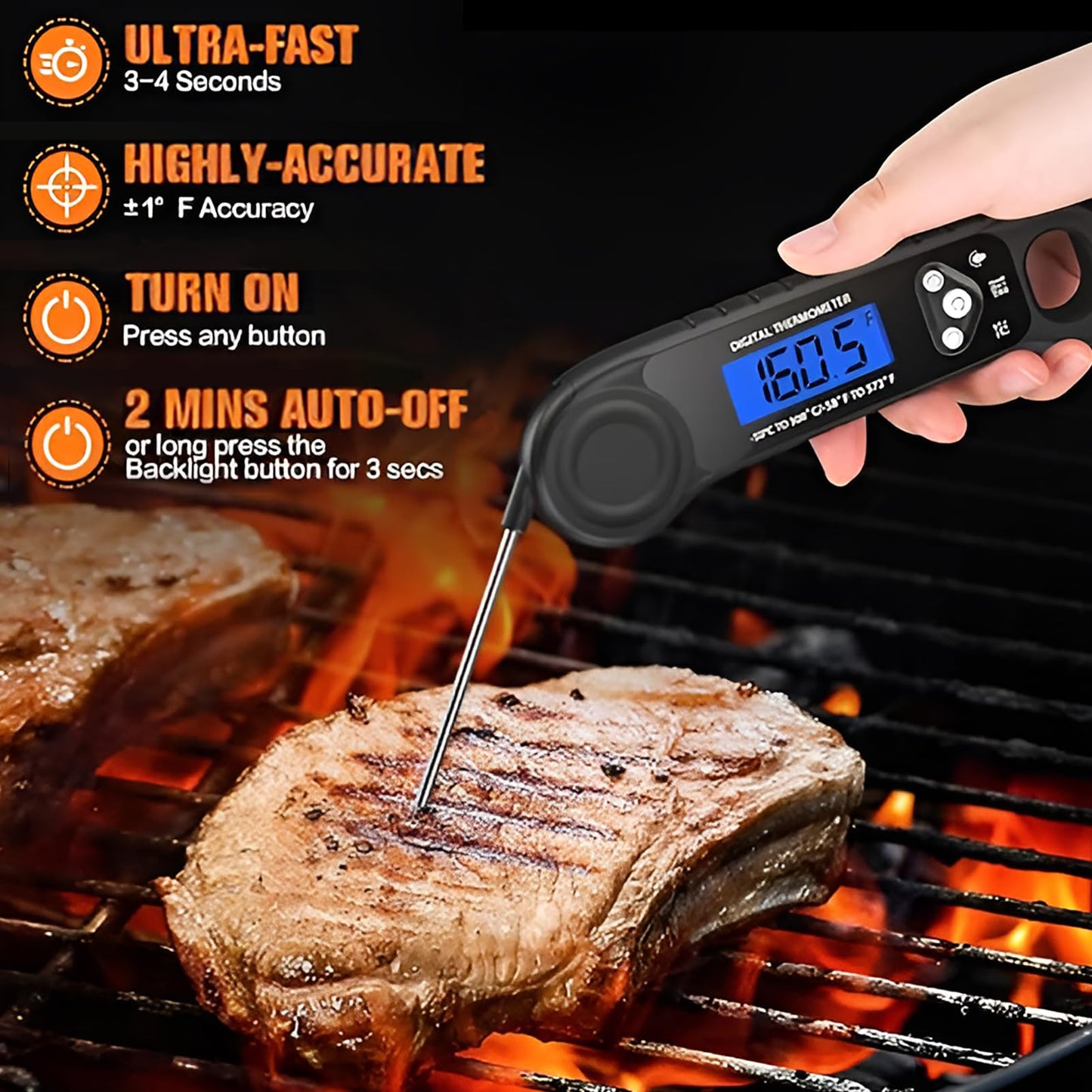 AMMZO Meat Thermometer Digital, Instant Read Food Thermometer - Waterproof w/Backlight for Cooking Deep Fry BBQ Grill Smoker Roast and Candy Thermometer, Camping & Kitchen Essentials - CookCave