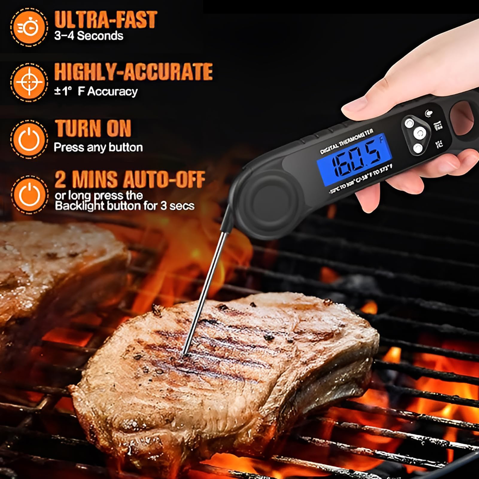 AMMZO Meat Thermometer Digital, Instant Read Food Thermometer - Waterproof w/Backlight for Cooking Deep Fry BBQ Grill Smoker Roast and Candy Thermometer, Camping & Kitchen Essentials - CookCave