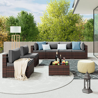 Amopatio Patio Furniture Sets, 7 Pieces Outdoor Rattan Sectional Sofa Set with Glass Table and Cushions, Wicker Patio Conversation Set for Outdoor Indoor Backyard Lawn Garden Porch (Grey) - CookCave