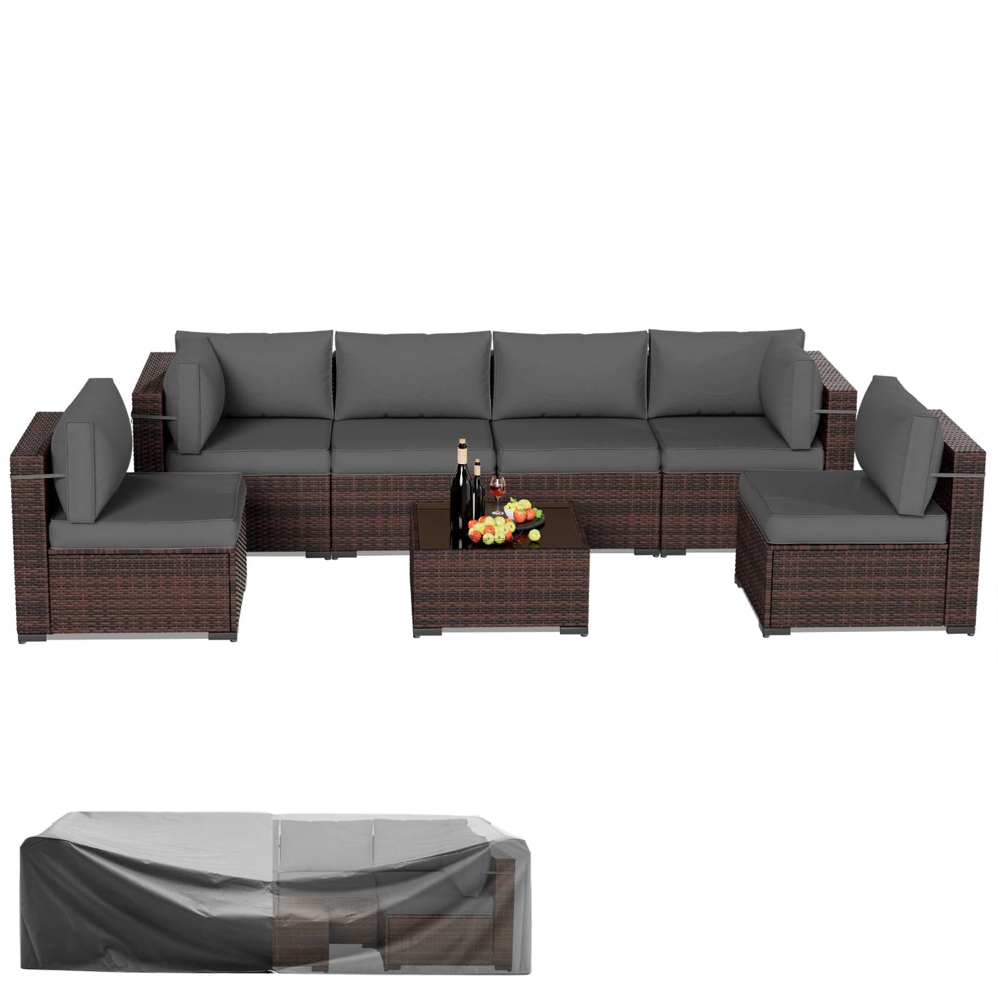 Amopatio Patio Furniture Sets, 7 Pieces Outdoor Rattan Sectional Sofa Set with Glass Table and Cushions, Wicker Patio Conversation Set for Outdoor Indoor Backyard Lawn Garden Porch (Grey) - CookCave