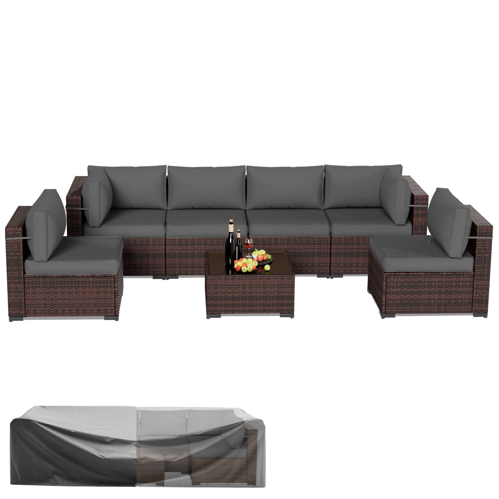 Amopatio Patio Furniture Sets, 7 Pieces Outdoor Rattan Sectional Sofa Set with Glass Table and Cushions, Wicker Patio Conversation Set for Outdoor Indoor Backyard Lawn Garden Porch (Grey) - CookCave