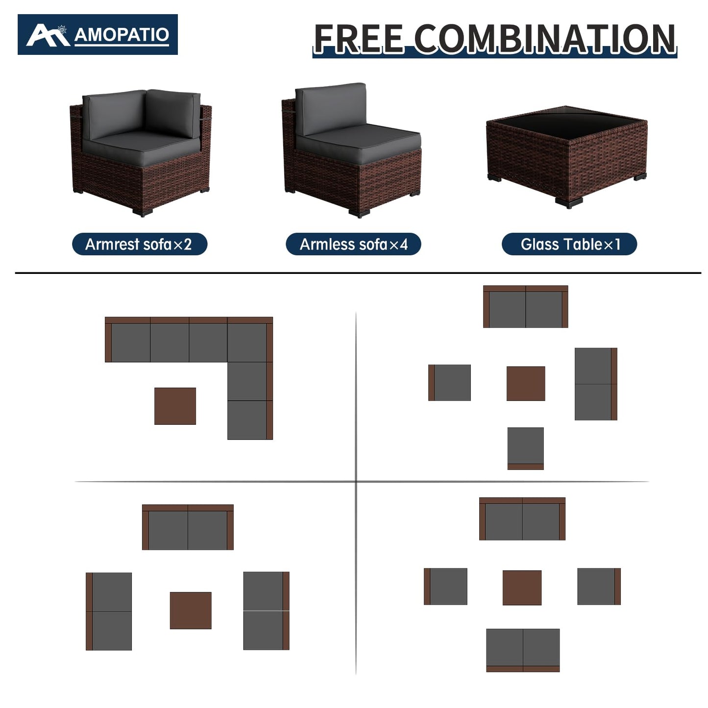 Amopatio Patio Furniture Sets, 7 Pieces Outdoor Rattan Sectional Sofa Set with Glass Table and Cushions, Wicker Patio Conversation Set for Outdoor Indoor Backyard Lawn Garden Porch (Grey) - CookCave