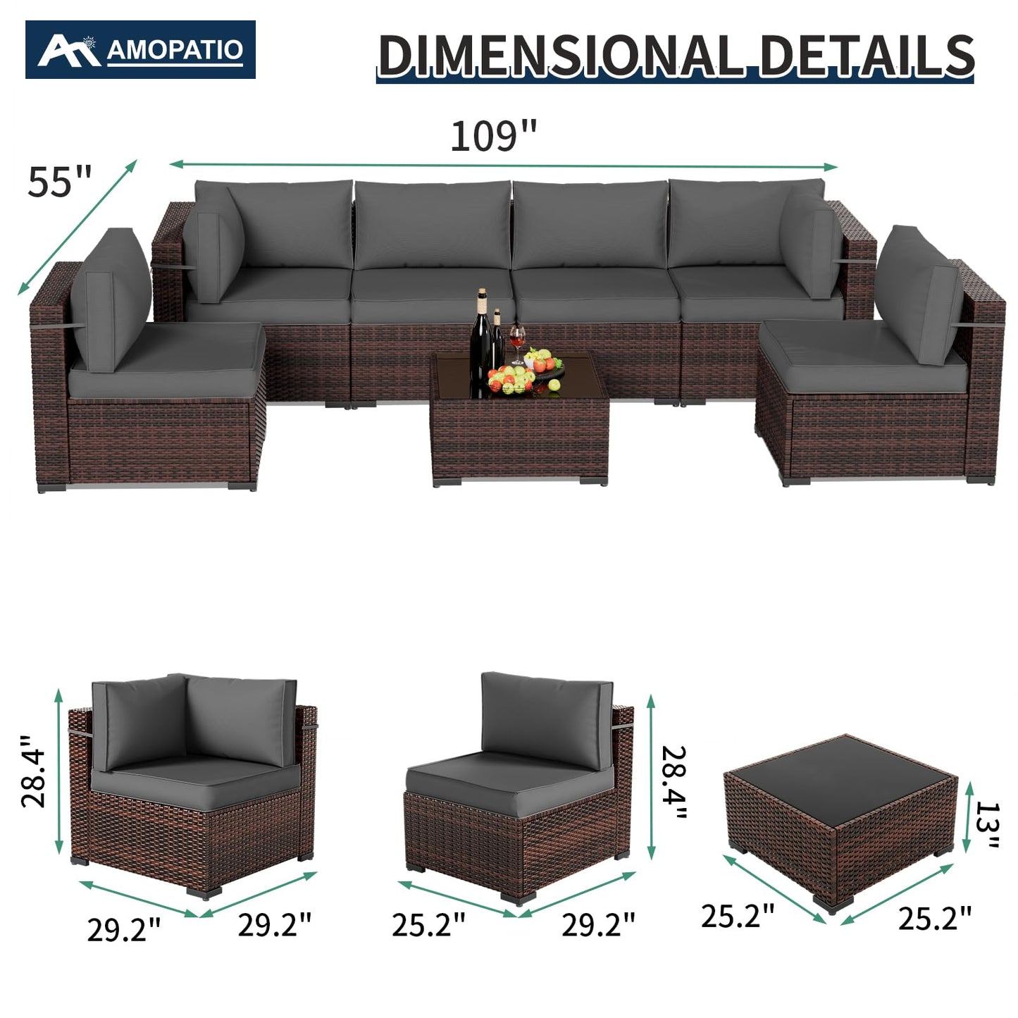 Amopatio Patio Furniture Sets, 7 Pieces Outdoor Rattan Sectional Sofa Set with Glass Table and Cushions, Wicker Patio Conversation Set for Outdoor Indoor Backyard Lawn Garden Porch (Grey) - CookCave