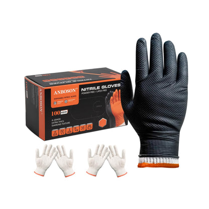ANBOSON BBQ Gloves for Grilling Disposable Heat Resistant - 100 Nitrile Gloves + 4 Reusable Cotton Liners for Barbecue Smoker, Cooking Hot Meat - 10Mil Thick, Non-Slip Grip - Black Large - CookCave