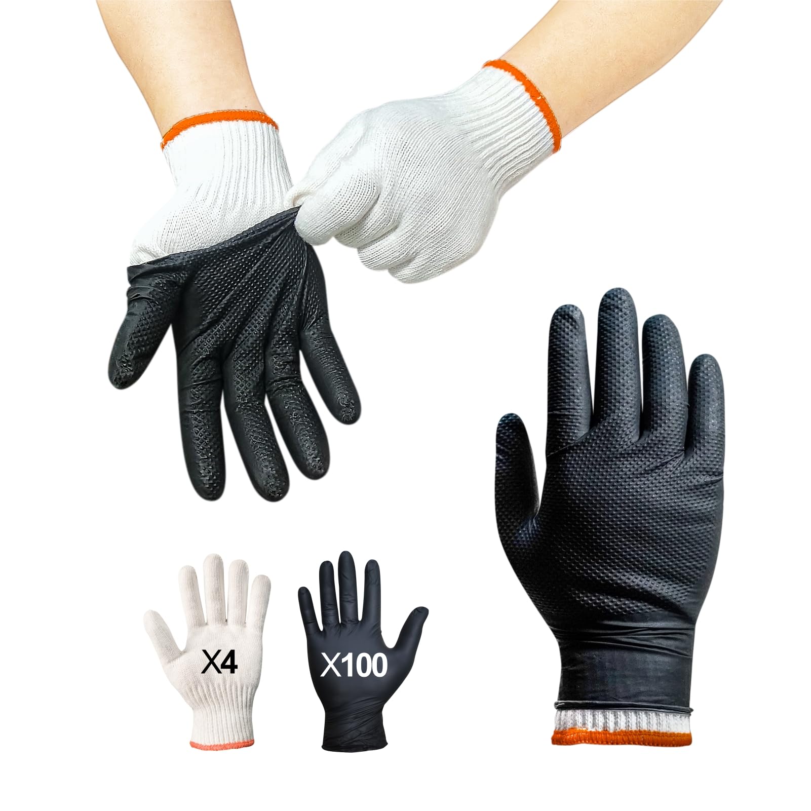 ANBOSON BBQ Gloves for Grilling Disposable Heat Resistant - 100 Nitrile Gloves + 4 Reusable Cotton Liners for Barbecue Smoker, Cooking Hot Meat - 10Mil Thick, Non-Slip Grip - Black Large - CookCave