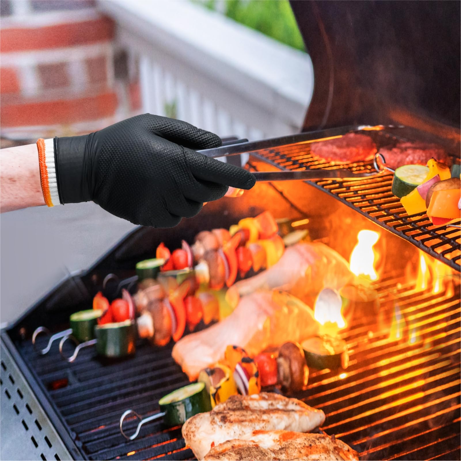 ANBOSON BBQ Gloves for Grilling Disposable Heat Resistant - 100 Nitrile Gloves + 4 Reusable Cotton Liners for Barbecue Smoker, Cooking Hot Meat - 10Mil Thick, Non-Slip Grip - Black Large - CookCave