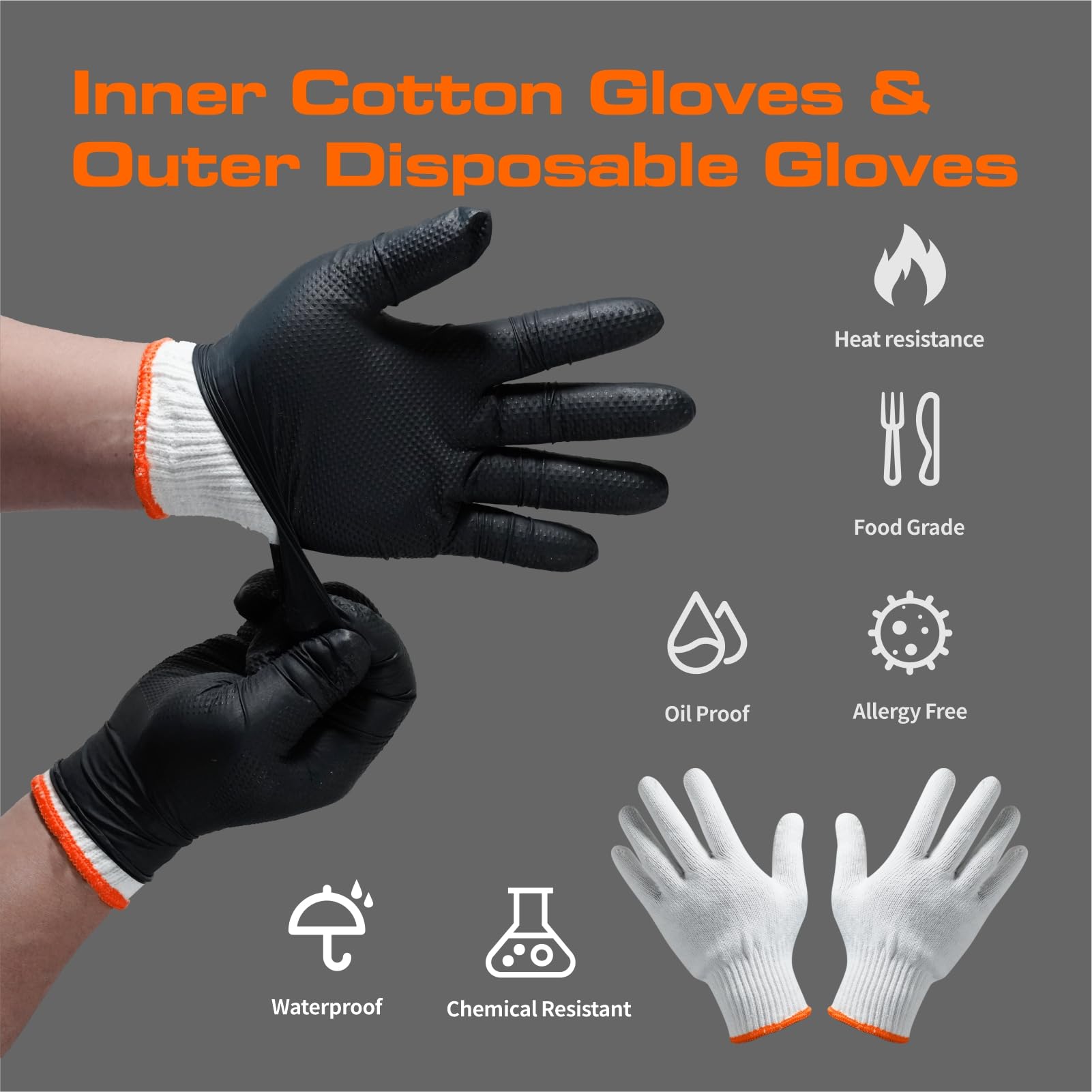ANBOSON BBQ Gloves for Grilling Disposable Heat Resistant - 100 Nitrile Gloves + 4 Reusable Cotton Liners for Barbecue Smoker, Cooking Hot Meat - 10Mil Thick, Non-Slip Grip - Black Large - CookCave