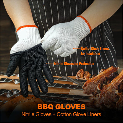ANBOSON BBQ Gloves for Grilling Disposable Heat Resistant - 100 Nitrile Gloves + 4 Reusable Cotton Liners for Barbecue Smoker, Cooking Hot Meat - 10Mil Thick, Non-Slip Grip - Black Large - CookCave