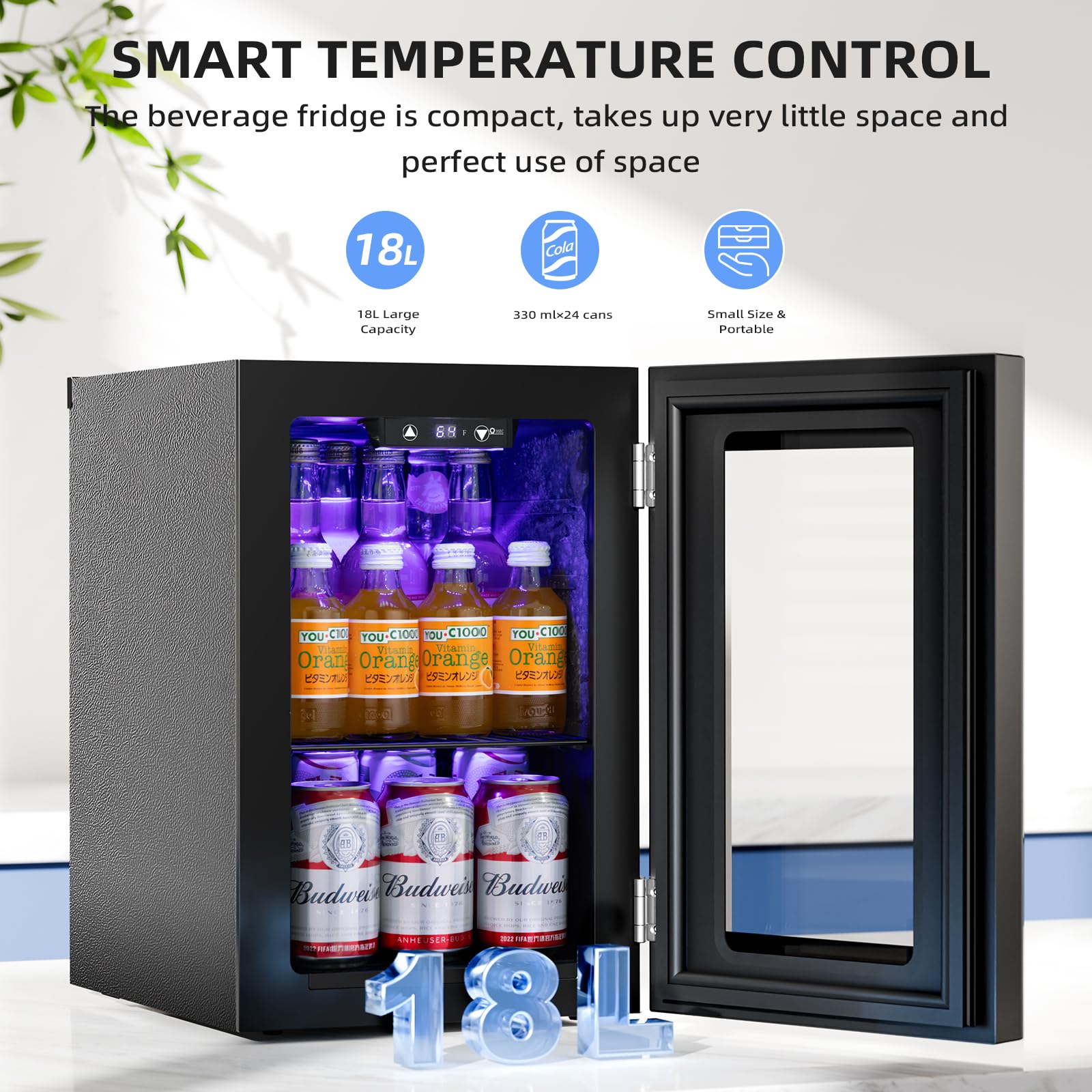 Antarctic Star 18L Beverage Refrigerator Cooler 24Can, Mini Fridge with Quiet Compressor, LED Light,Freestanding Small Fridge with Electronic Temperature Control for Home and Bar(40-61 ℉) - CookCave
