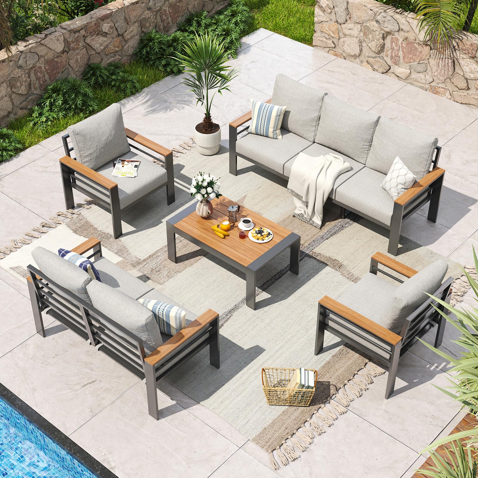 Aoxun Aluminum Patio Furniture Set 7 Seats, Oversized Outdoor Sectional with Washable Thick Cushions, Coffee Table and Waterproof Cover, Patio Conversation Sets for Porch, Balcony, Deck - CookCave