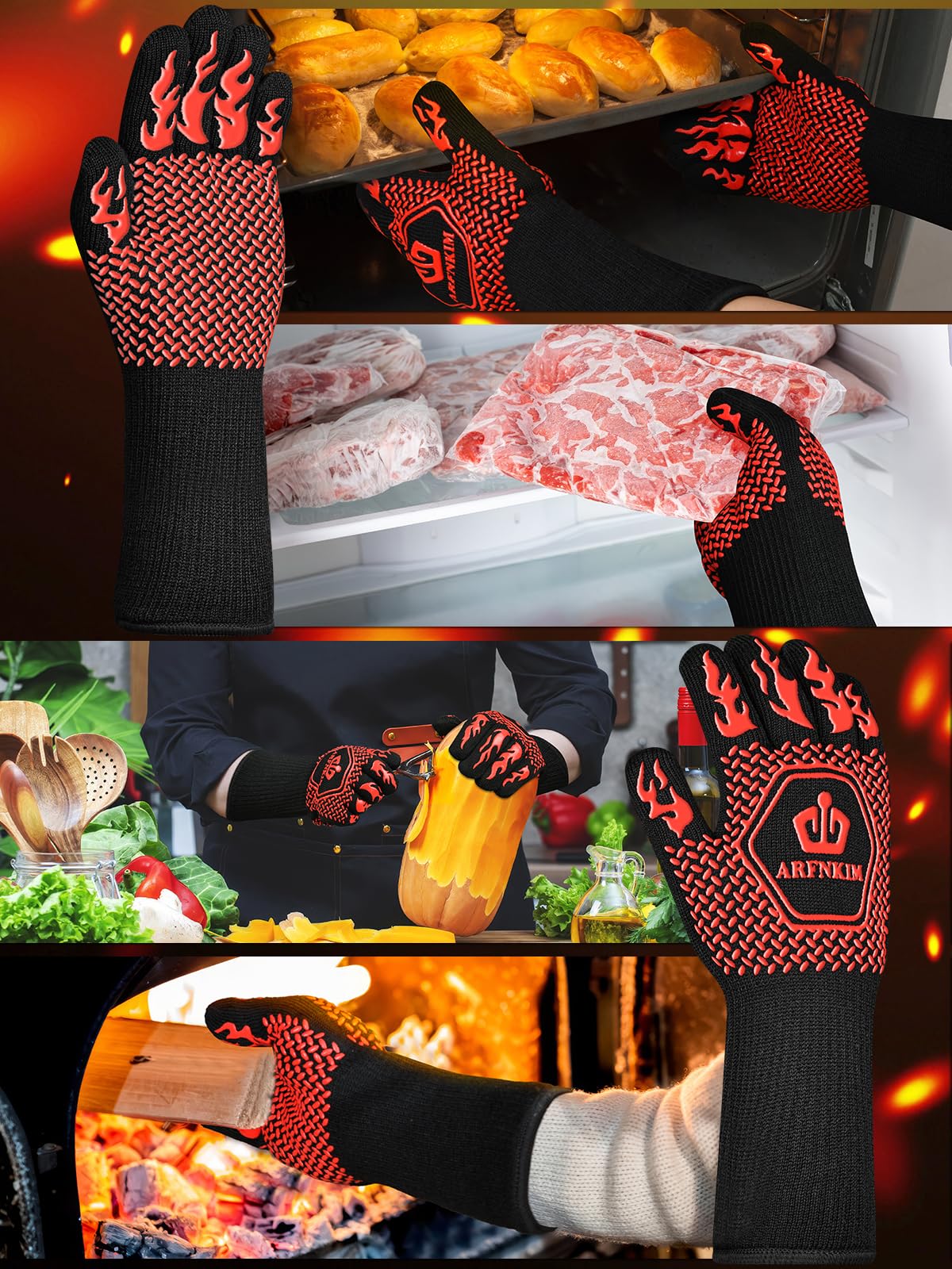 ARFNKIM BBQ Oven Gloves, 1472℉ 3-Layers Heat Resistant Oven Mitts Silicone Non-Slip Cooking Gloves for Barbecue, Grilling, Baking, Welding, Smoker (A Pair) (Red) - CookCave