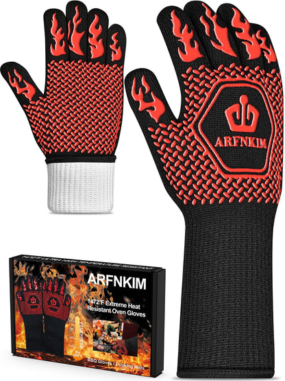 ARFNKIM BBQ Oven Gloves, 1472℉ 3-Layers Heat Resistant Oven Mitts Silicone Non-Slip Cooking Gloves for Barbecue, Grilling, Baking, Welding, Smoker (A Pair) (Red) - CookCave