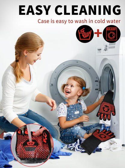 ARFNKIM BBQ Oven Gloves, 1472℉ 3-Layers Heat Resistant Oven Mitts Silicone Non-Slip Cooking Gloves for Barbecue, Grilling, Baking, Welding, Smoker (A Pair) (Red) - CookCave