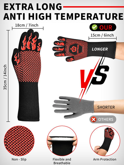 ARFNKIM BBQ Oven Gloves, 1472℉ 3-Layers Heat Resistant Oven Mitts Silicone Non-Slip Cooking Gloves for Barbecue, Grilling, Baking, Welding, Smoker (A Pair) (Red) - CookCave