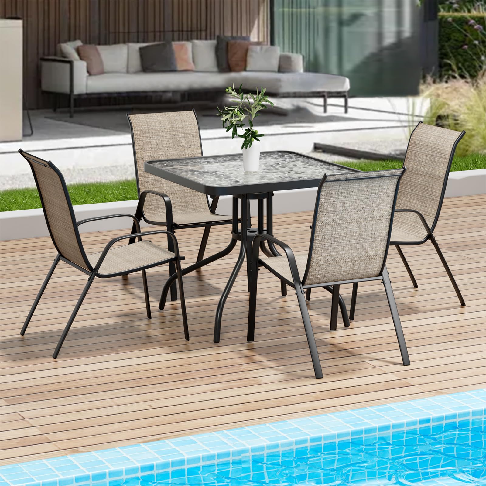 Arlopu 5 Piece Outdoor Patio Dining Set (Umbrella not Included), Porch Furniture with 4 Textline Chairs, 1 Square Glass Table for Garden, Backyard and Poolside, Lawn (Browm) - CookCave