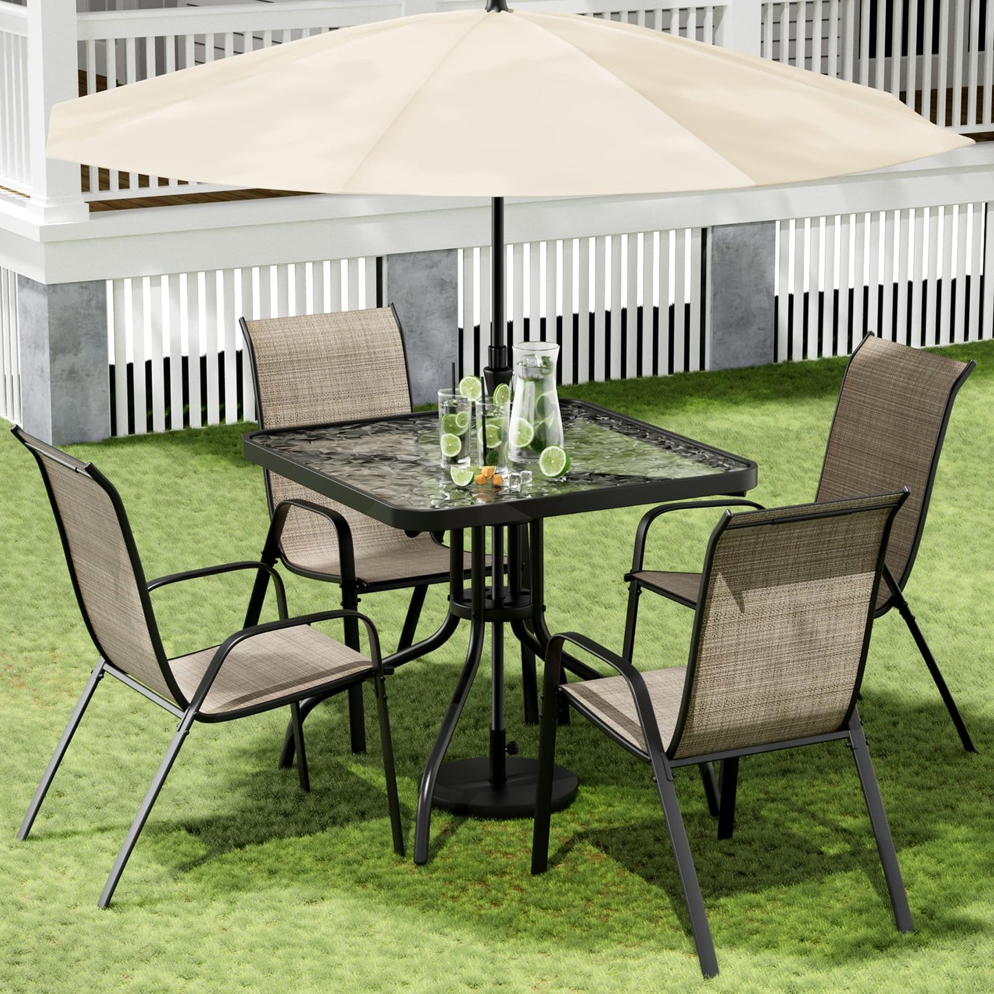 Arlopu 5 Piece Outdoor Patio Dining Set (Umbrella not Included), Porch Furniture with 4 Textline Chairs, 1 Square Glass Table for Garden, Backyard and Poolside, Lawn (Browm) - CookCave