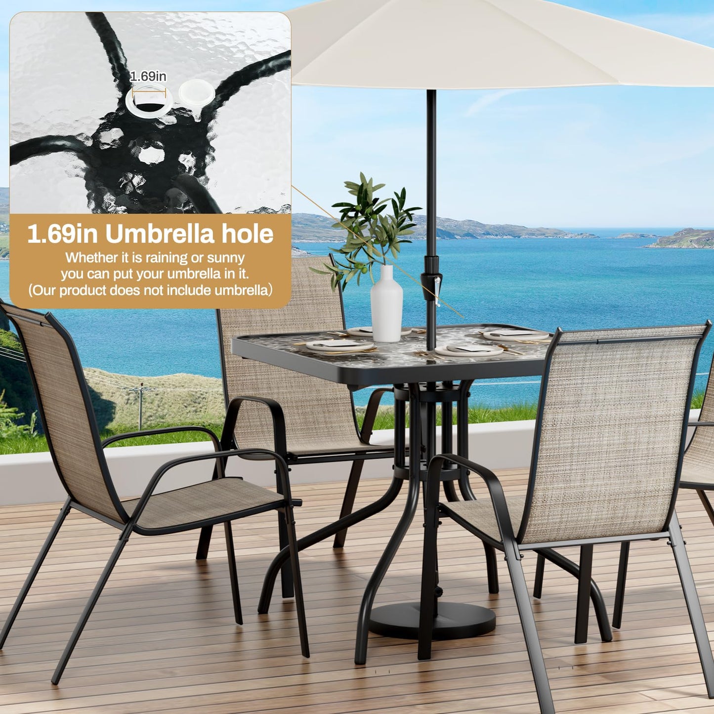 Arlopu 5 Piece Outdoor Patio Dining Set (Umbrella not Included), Porch Furniture with 4 Textline Chairs, 1 Square Glass Table for Garden, Backyard and Poolside, Lawn (Browm) - CookCave