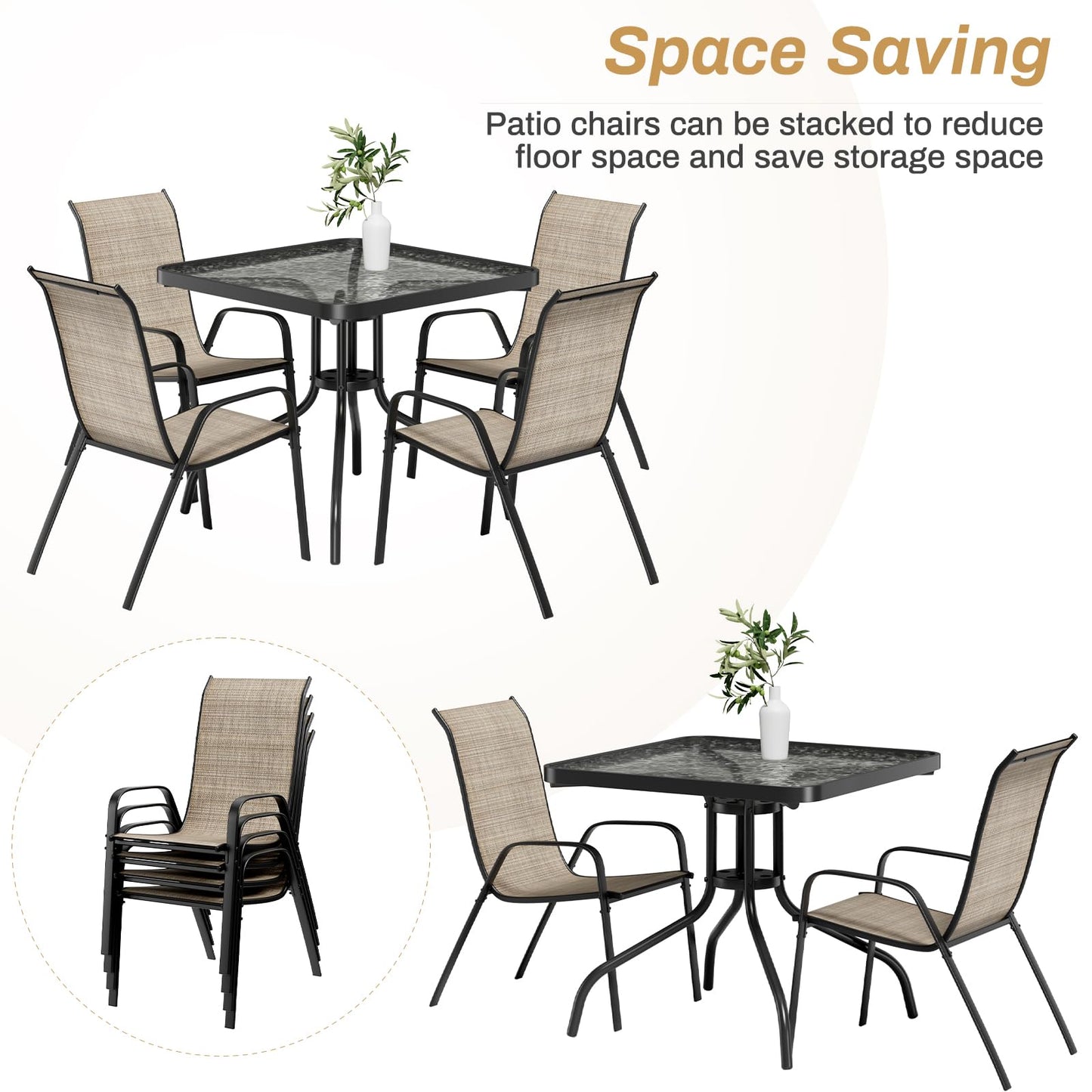 Arlopu 5 Piece Outdoor Patio Dining Set (Umbrella not Included), Porch Furniture with 4 Textline Chairs, 1 Square Glass Table for Garden, Backyard and Poolside, Lawn (Browm) - CookCave