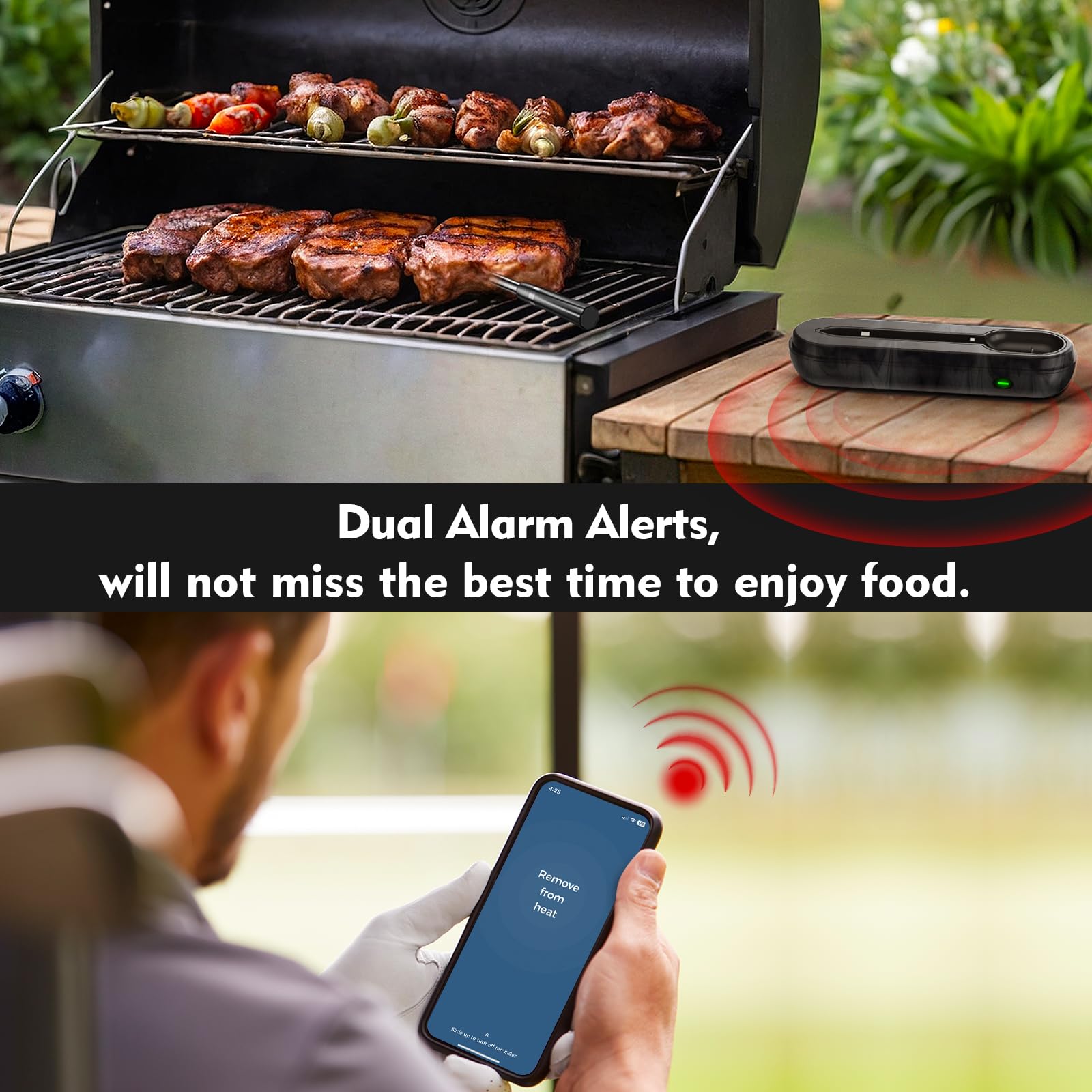 Aurasky Unique Wireless Meat Thermometer, Accurate Temperature Detection Probe, 500FT Remote Monitoring, Dual Alarm, Cooking Meat Thermometer Wireless for Grilling, Smoking, Oven, BBQ, Rotisserie - CookCave