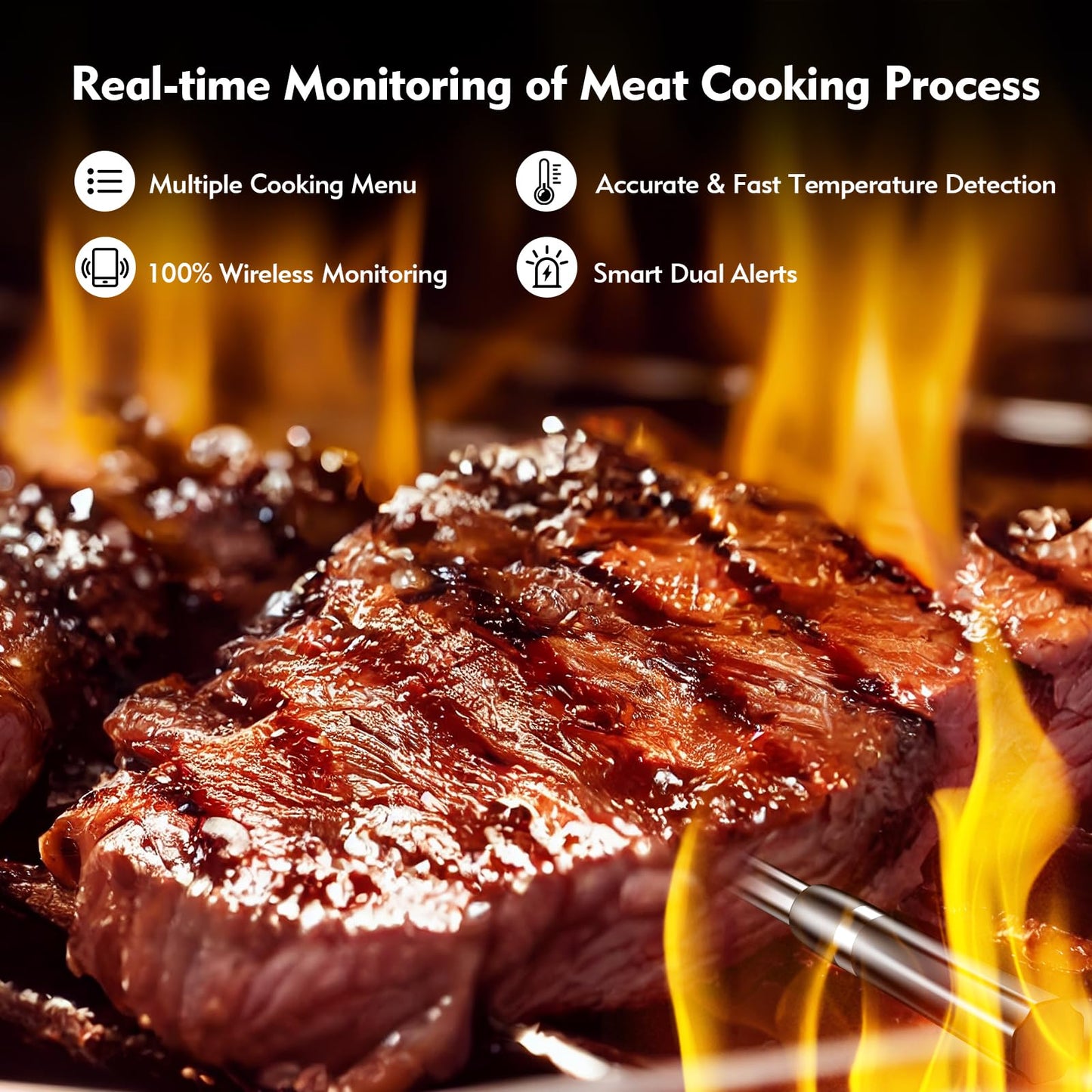 Aurasky Unique Wireless Meat Thermometer, Accurate Temperature Detection Probe, 500FT Remote Monitoring, Dual Alarm, Cooking Meat Thermometer Wireless for Grilling, Smoking, Oven, BBQ, Rotisserie - CookCave