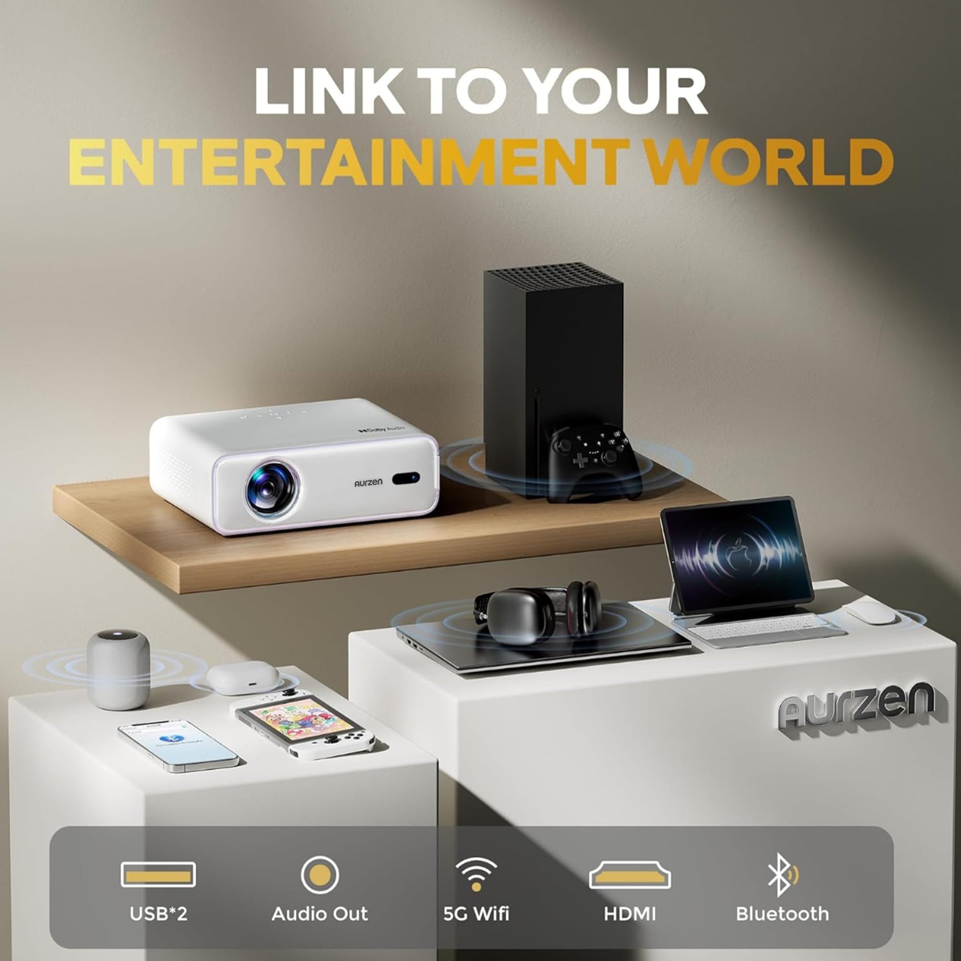 Aurzen EAZZE D1 Smart Projector with WiFi and Bluetooth, Netflix-Officially-Licensed, Auto Focus & Keystone, DoIby Audio, Zoom, Native 1080P Movie, Portable Outdoor Mini Projector, White - CookCave
