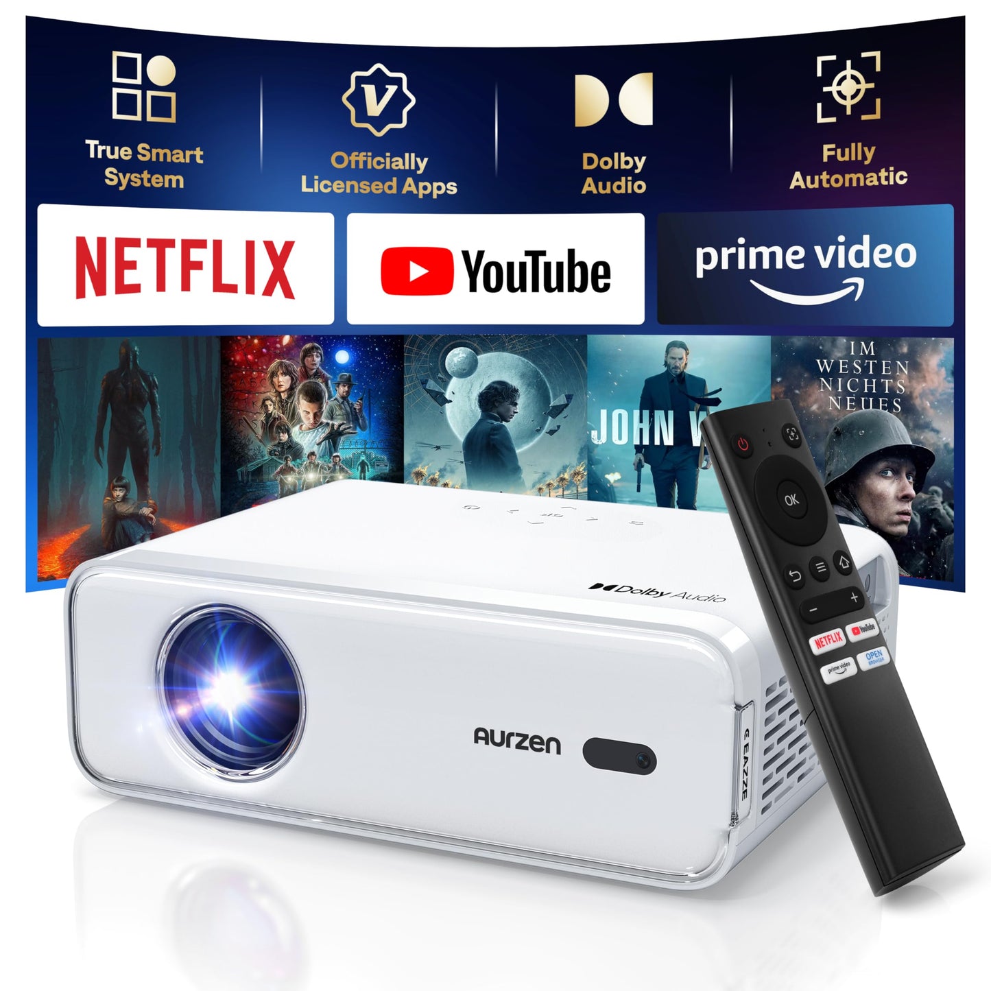 Aurzen EAZZE D1 Smart Projector with WiFi and Bluetooth, Netflix-Officially-Licensed, Auto Focus & Keystone, DoIby Audio, Zoom, Native 1080P Movie, Portable Outdoor Mini Projector, White - CookCave