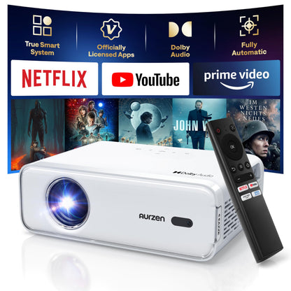 Aurzen EAZZE D1 Smart Projector with WiFi and Bluetooth, Netflix-Officially-Licensed, Auto Focus & Keystone, DoIby Audio, Zoom, Native 1080P Movie, Portable Outdoor Mini Projector, White - CookCave