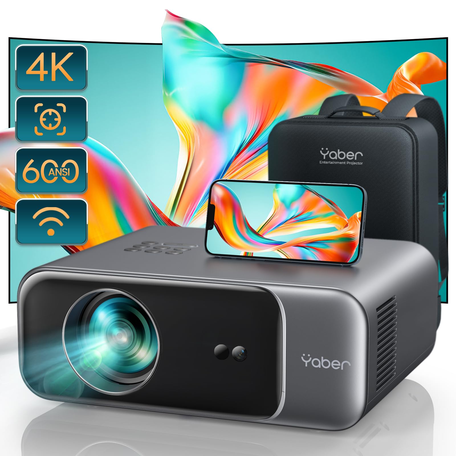 [Auto Focus/4K Support] Projector with WiFi 6 and Bluetooth 5.2, YABER Pro V9 600 ANSI Native 1080P Outdoor Movie Projector, Auto 6D Keystone & 50% Zoom, Home Theater Projector for Phone/TV Stick/PC - CookCave