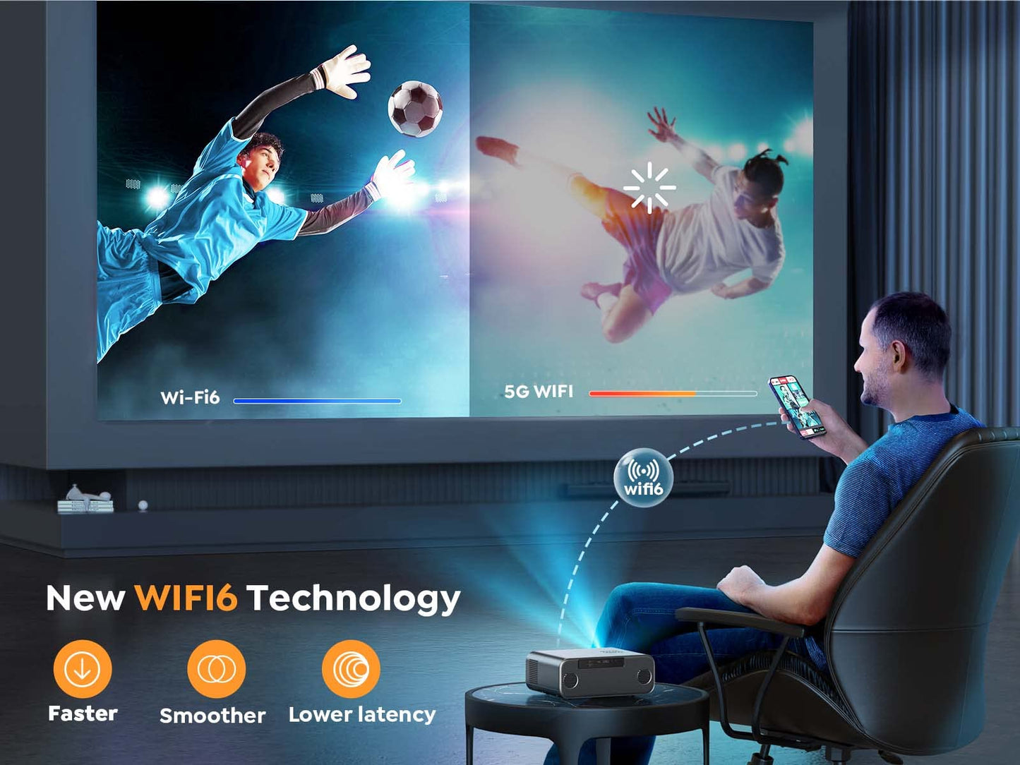 [Auto Focus/4K Support] Projector with WiFi 6 and Bluetooth 5.2, YABER Pro V9 600 ANSI Native 1080P Outdoor Movie Projector, Auto 6D Keystone & 50% Zoom, Home Theater Projector for Phone/TV Stick/PC - CookCave