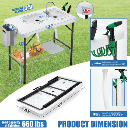 Avocahom Folding Fish Cleaning Table Portable Camping Double Sinks Table w/2 Dual Water Basins, Faucet Drainage Hose & Sprayer Outdoor Fish Fillet Cleaning Station w/Knife, Storage Box,Black - CookCave