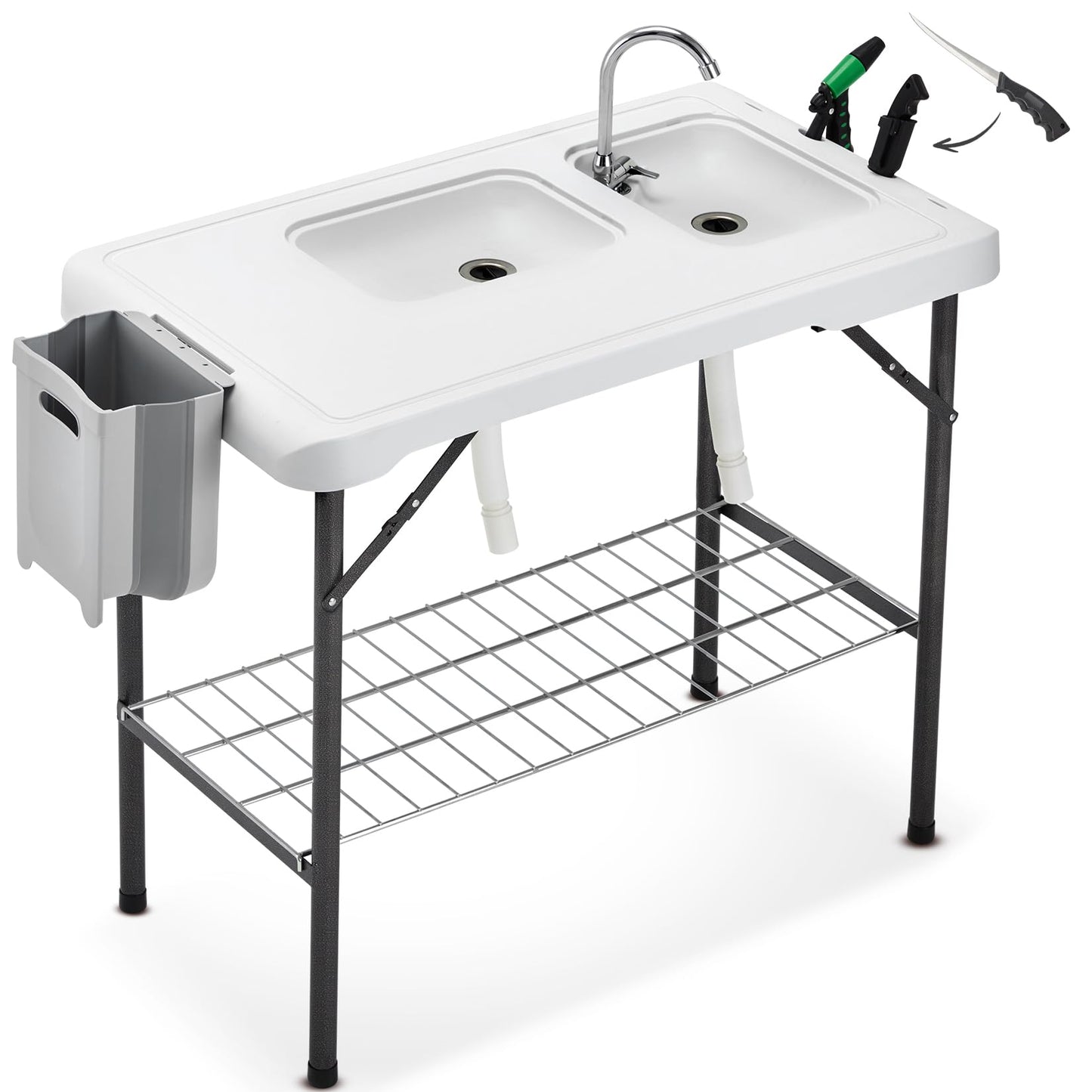Avocahom Folding Fish Cleaning Table Portable Camping Double Sinks Table w/2 Dual Water Basins, Faucet Drainage Hose & Sprayer Outdoor Fish Fillet Cleaning Station w/Knife, Storage Box,Black - CookCave
