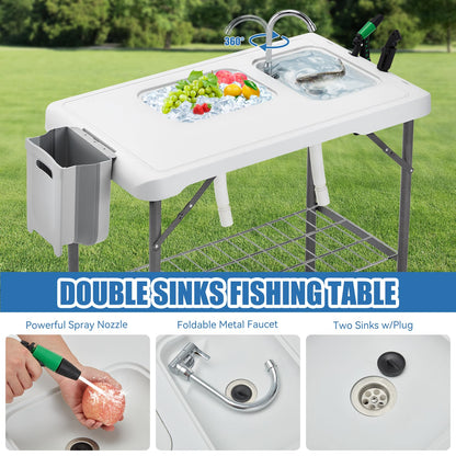 Avocahom Folding Fish Cleaning Table Portable Camping Double Sinks Table w/2 Dual Water Basins, Faucet Drainage Hose & Sprayer Outdoor Fish Fillet Cleaning Station w/Knife, Storage Box,Black - CookCave