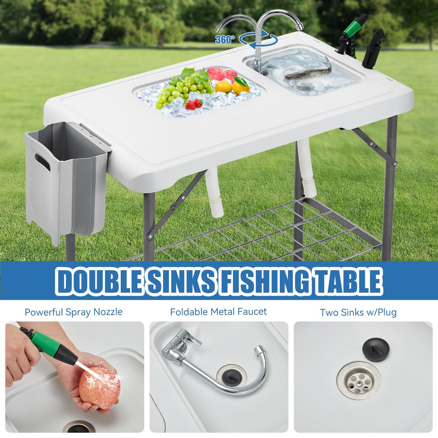 Avocahom Folding Fish Cleaning Table Portable Camping Double Sinks Table w/2 Dual Water Basins, Faucet Drainage Hose & Sprayer Outdoor Fish Fillet Cleaning Station w/Knife, Storage Box,Black - CookCave