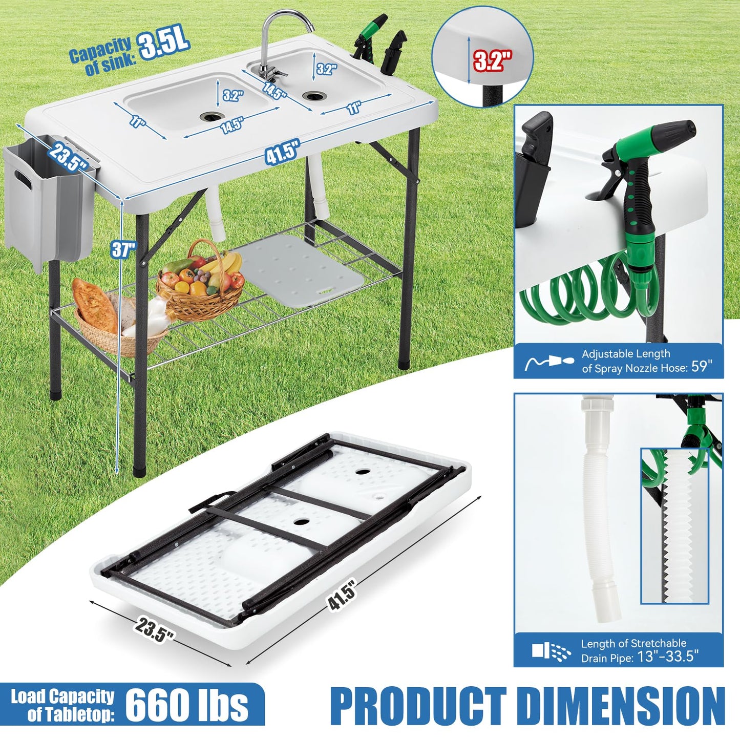 Avocahom Folding Fish Cleaning Table Portable Camping Double Sinks Table w/2 Dual Water Basins, Faucet Drainage Hose & Sprayer Outdoor Fish Fillet Cleaning Station w/Knife, Storage Box,Black - CookCave