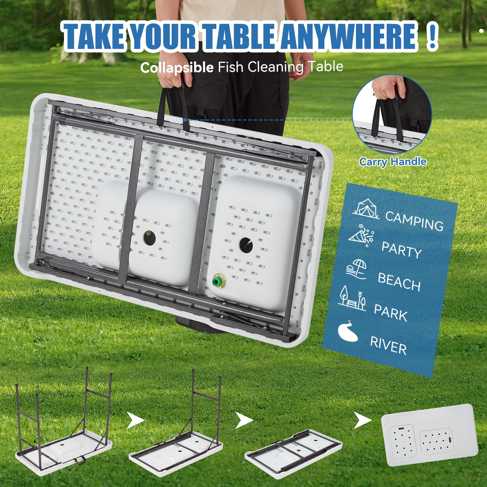 Avocahom Folding Fish Cleaning Table Portable Camping Double Sinks Table w/2 Dual Water Basins, Faucet Drainage Hose & Sprayer Outdoor Fish Fillet Cleaning Station w/Knife, Storage Box,Black - CookCave