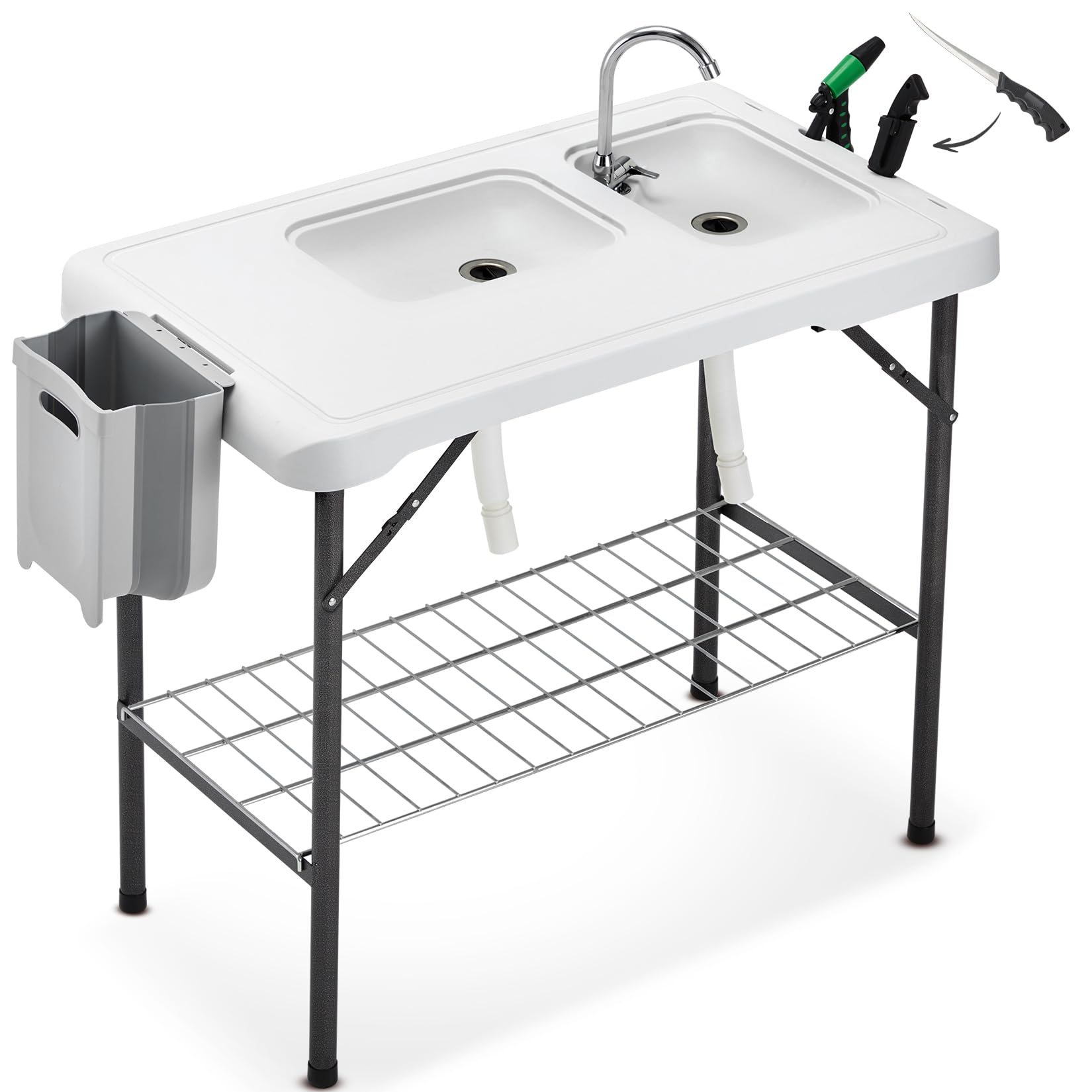 Avocahom Folding Fish Cleaning Table Portable Camping Double Sinks Table w/2 Dual Water Basins, Faucet Drainage Hose & Sprayer Outdoor Fish Fillet Cleaning Station w/Knife, Storage Box,Black - CookCave